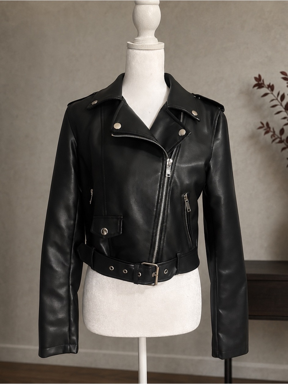 Forever 21 Black Faux Leather Moto Jacket with Belt